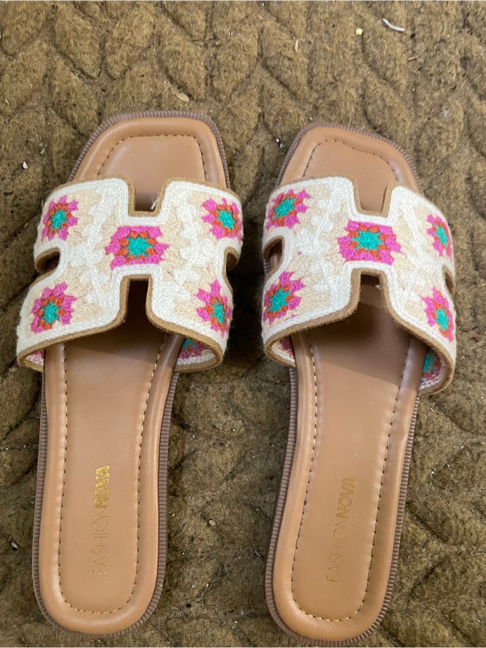 Fashion Nova Cream Slide Sandals with Pink & Teal Embroidery